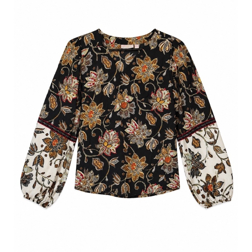Belle Boho Kim Gravel Womens Floral Blouse Top Black Boho Peasant Sleeve S